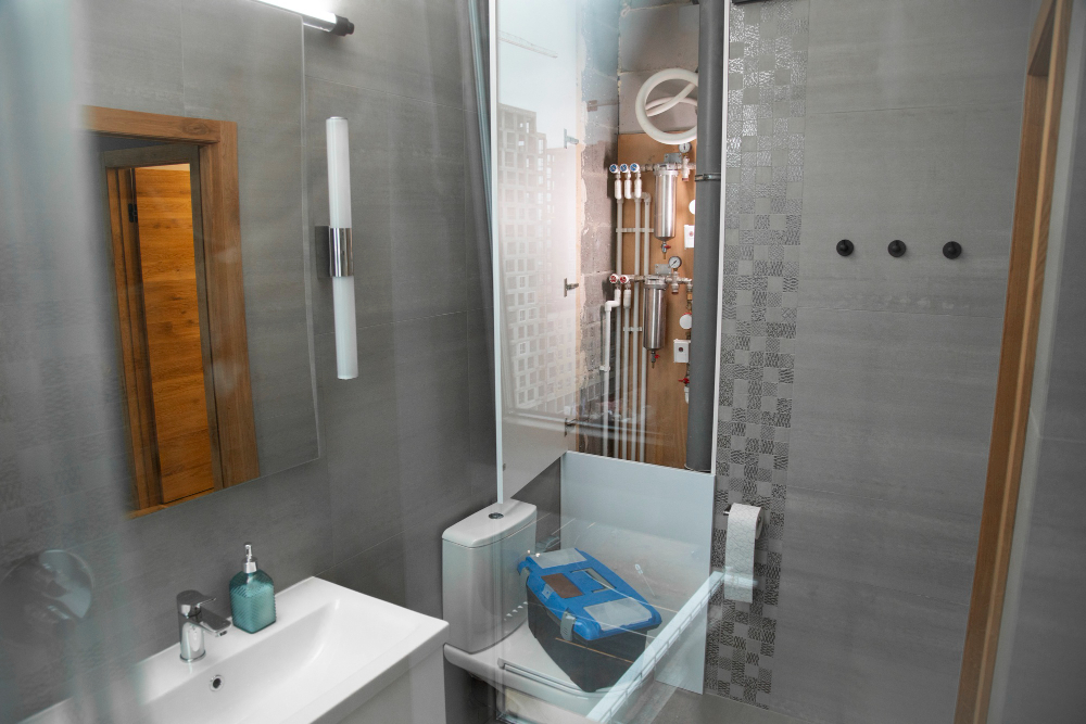 Alta Property Services professional bathroom remodeling in Glenview IL &mdash; luxury walk-in shower with brushed gold fixtures and porcelain tile
