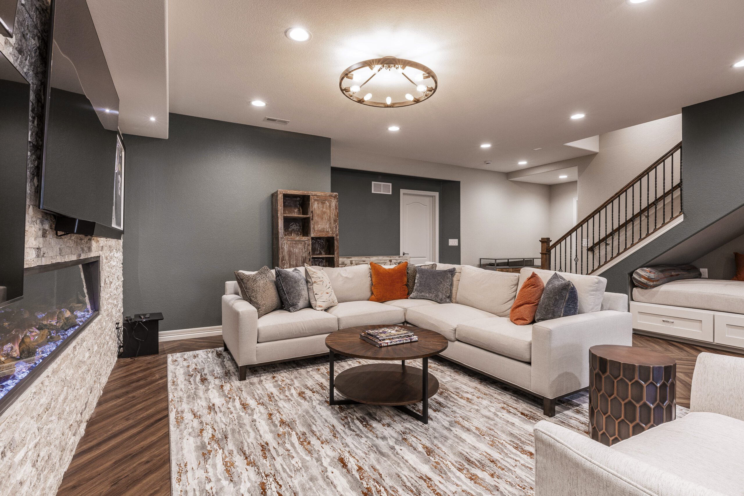 Professionally finished basement in DuPage County by Alta Property Services