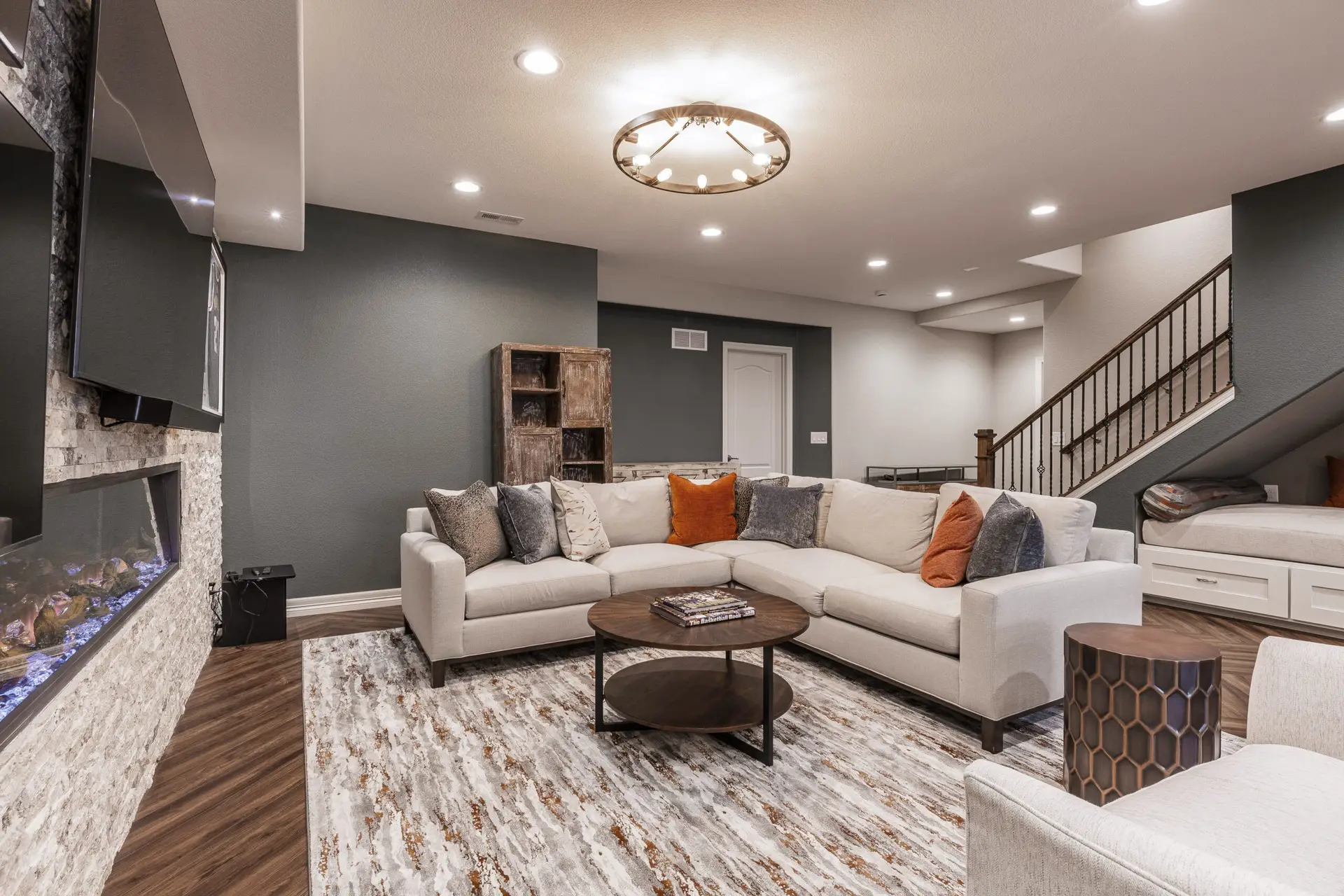 Finished basement living space completed by Alta Property Services in DuPage County IL