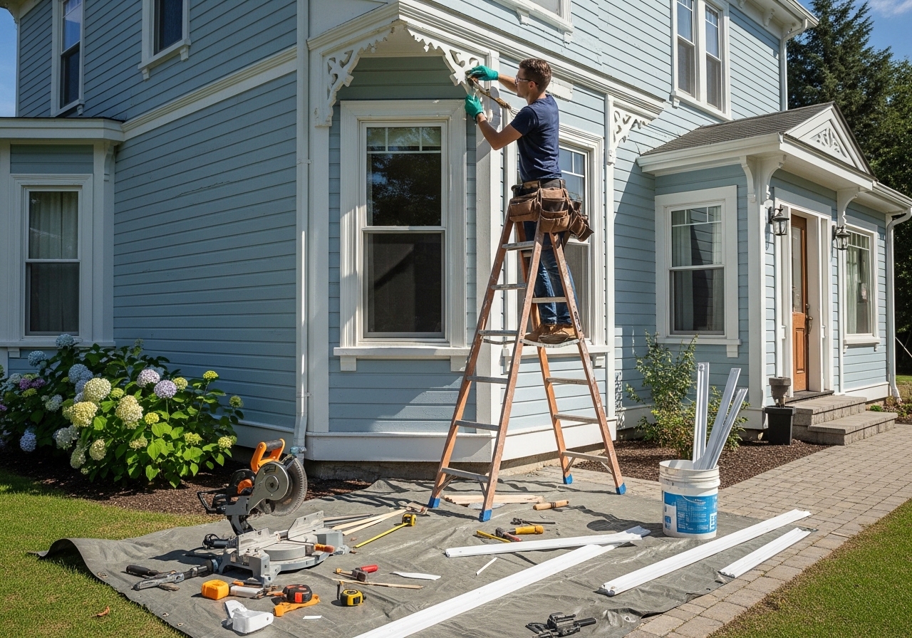 Alta Property Services technician performing exterior trim repair on a Chicago-area home &mdash; restoring fascia and window trim