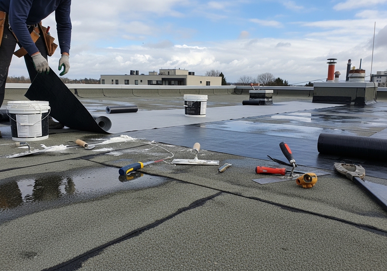 Alta Property Services technician performing flat roof repair on a commercial building in DuPage County, IL