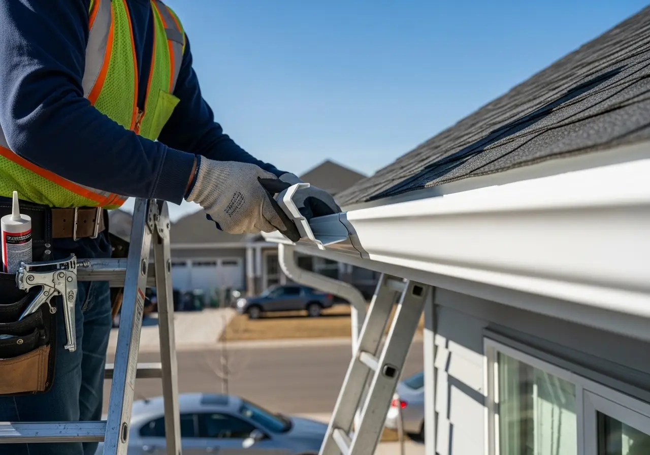 Close-up of storm-damaged gutters showing granule accumulation and hail damage in a Chicago suburb — typical post-storm damage assessed by Alta Property Services