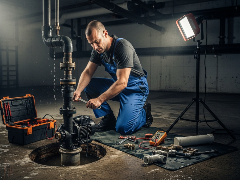 Alta Property Services technician inspecting sump pump installation in Northbrook IL