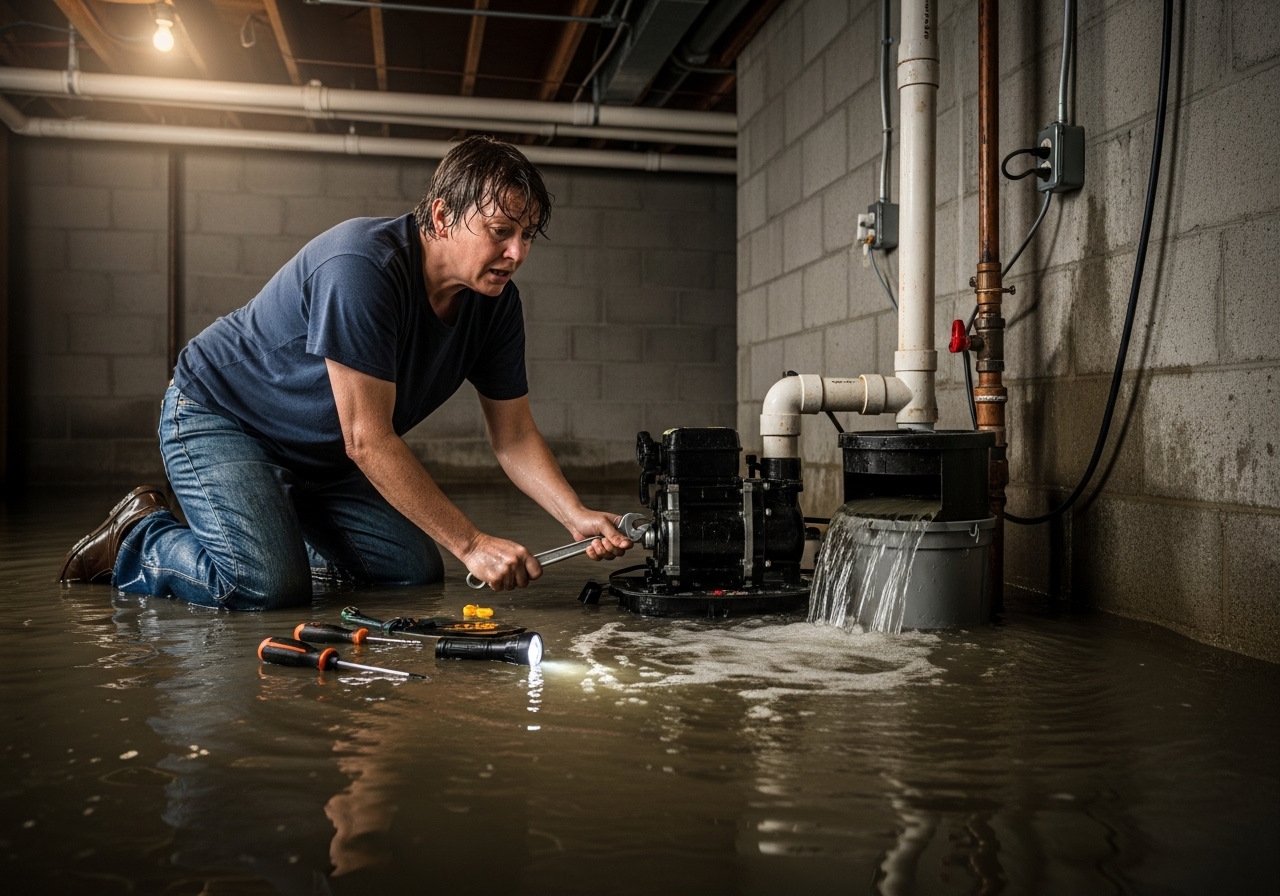 Emergency sump pump repair technician working in Northbrook IL basement