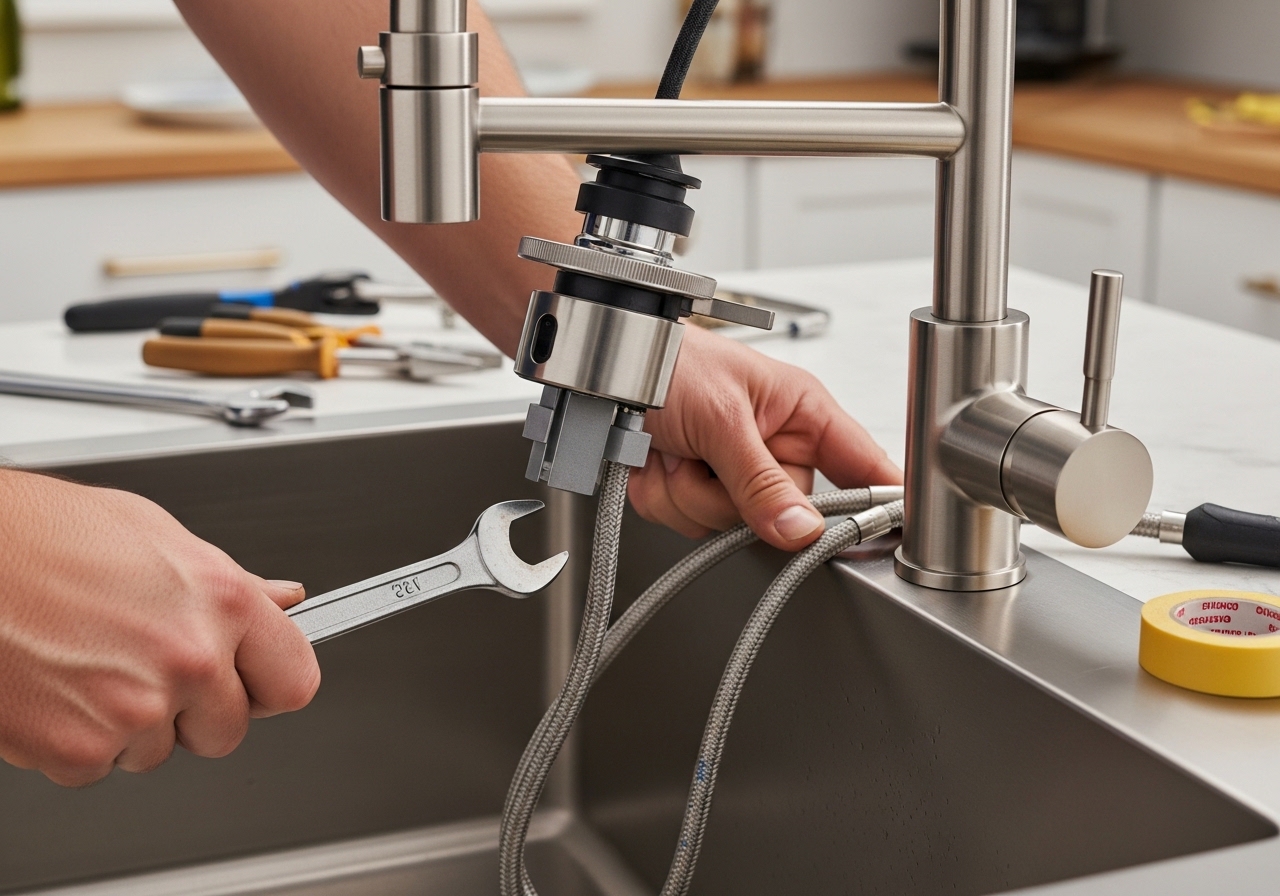 Close-up of a newly installed bathroom faucet fixture by Alta Property Services in DuPage County Illinois