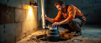 Alta Property Services technician inspecting a sump pump system in an Evanston IL basement