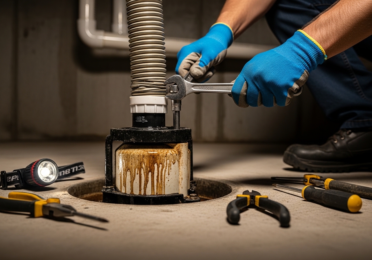 Alta Property Services technician performing sump pump repair in Mount Prospect IL