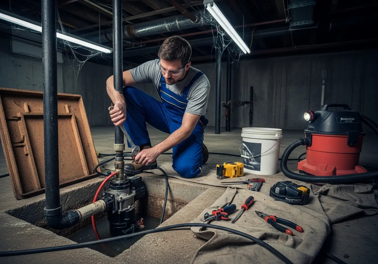 Alta Property Services technician inspecting a sump pump system in a Glenview IL basement