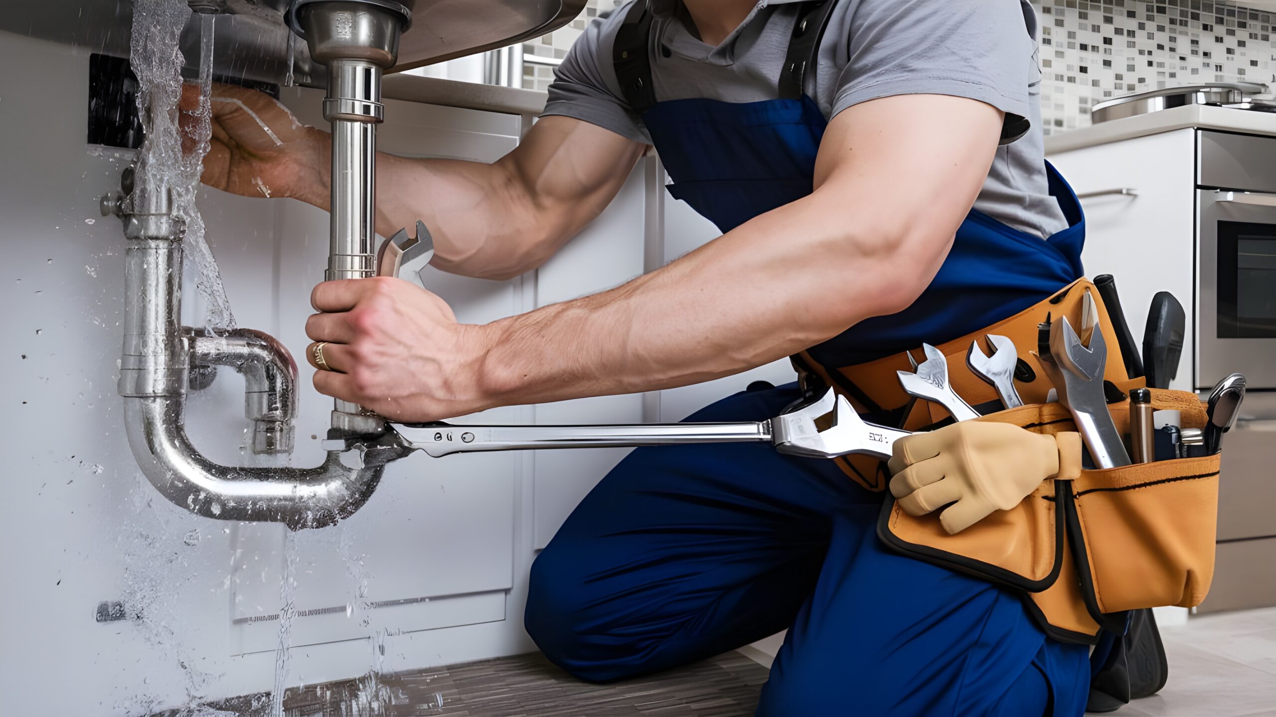 Alta plumber repairing a leaking pipe under a sink in a Bloomingdale IL home